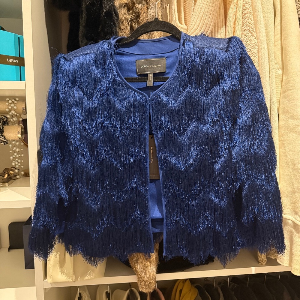 NWT Blue BCBG MaxAzria fringe jacket
